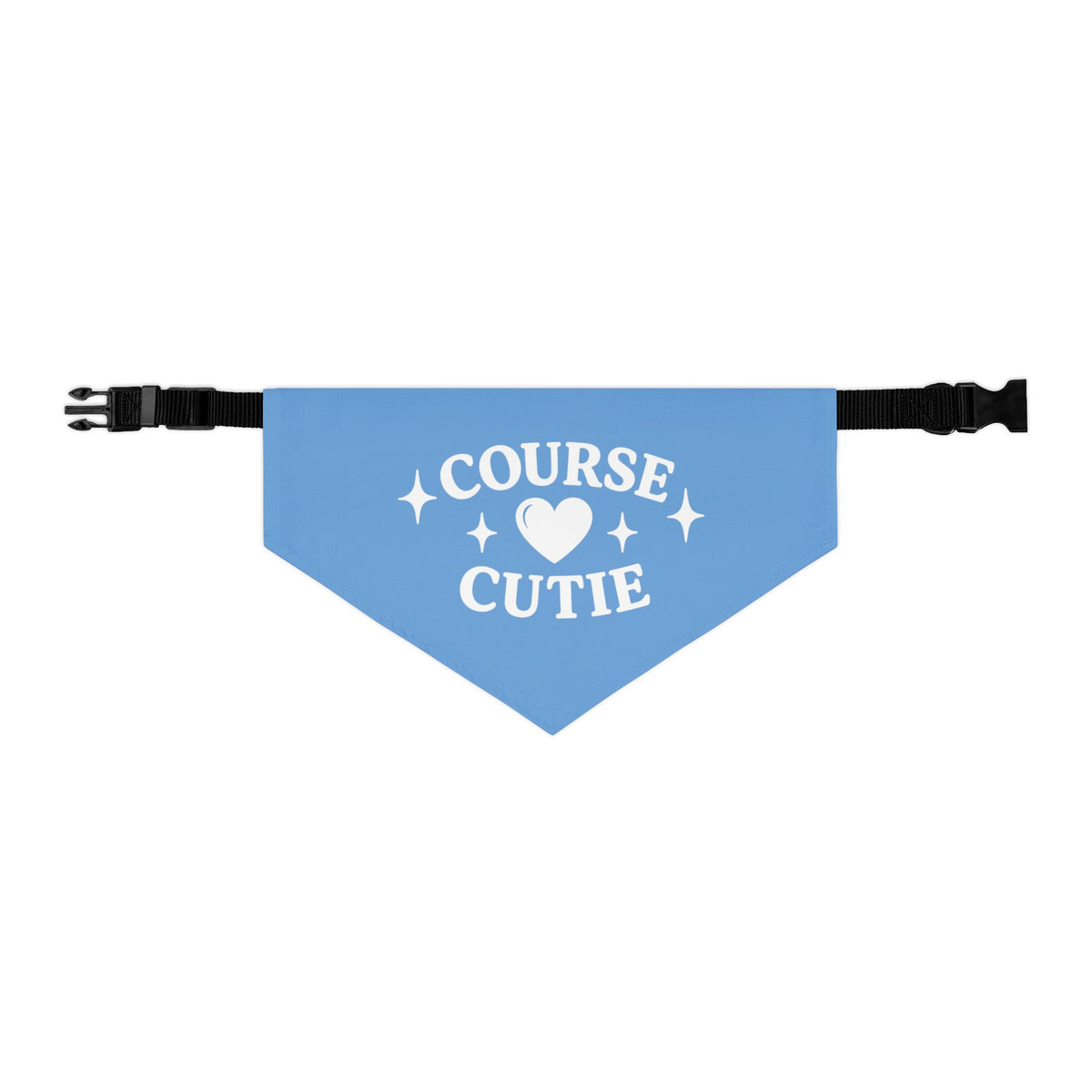 Blue dog bandana with 'Course Cutie' text and heart design on a white background, In Fairway Breeze Blue by Par & Pup
Blue golf dog bandana collar on dog at golf course — Par & Pup Course Cutie
